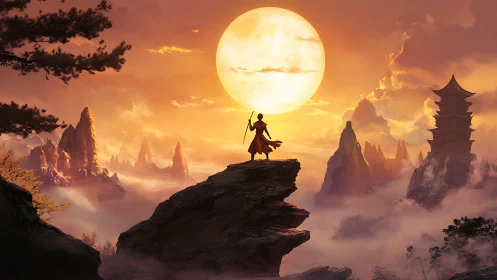 Monk stands on mountain ledge before colossal rising sun