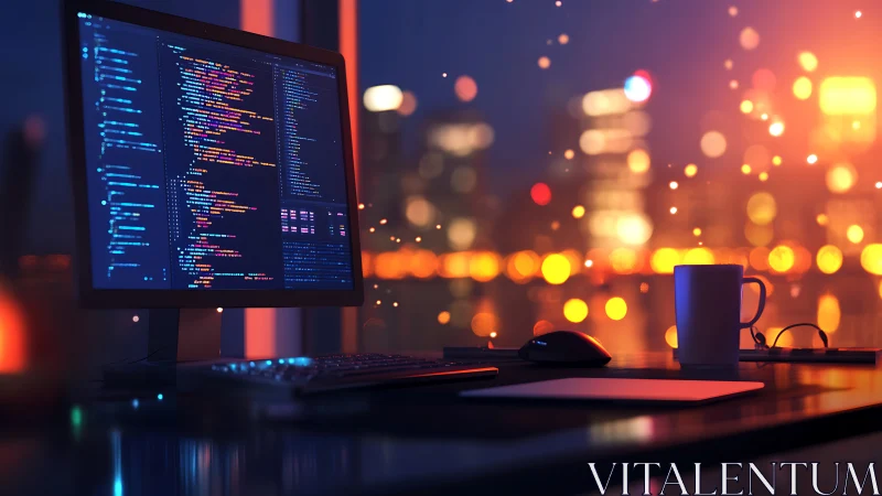 Code glows quietly while the city outside burns in bokeh