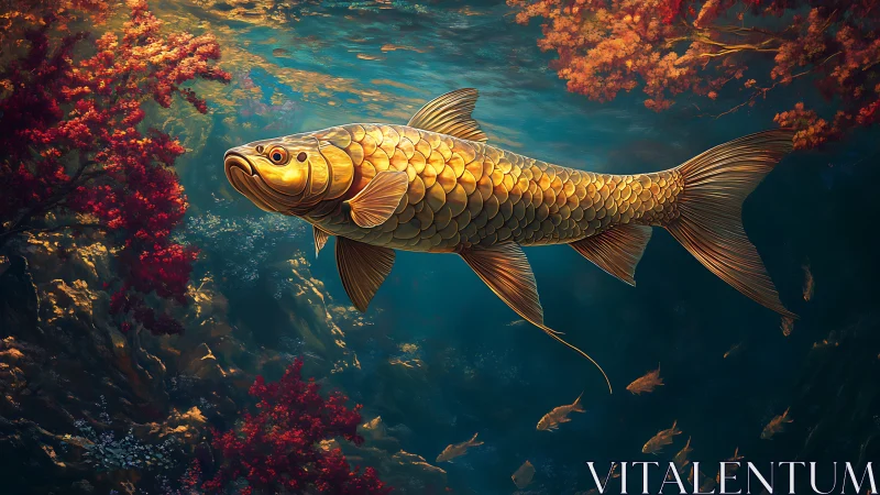 Gilded koi drifts through autumn-tinted underwater forest.