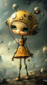 Small robot girl stands in damaged landscape with debris