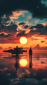 Pilots watch starfighter under neon sunset sky reflection.