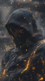 Ember-veiled figure glows softly within drifting sparks