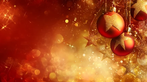 Red Christmas baubles hang over glowing golden bokeh lights