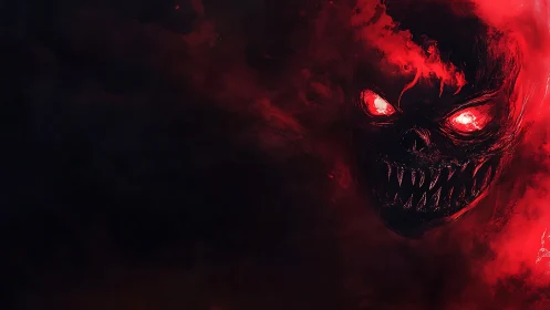 Demonic skull emerges from swirling red infernal smoke