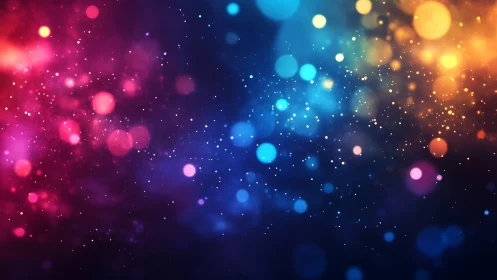 Vibrant bokeh lights dissolve into deep cosmic gradient.