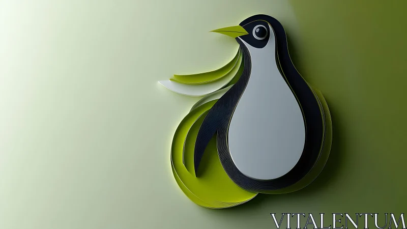 Modern paper-cut penguin illustration with green and black tones.