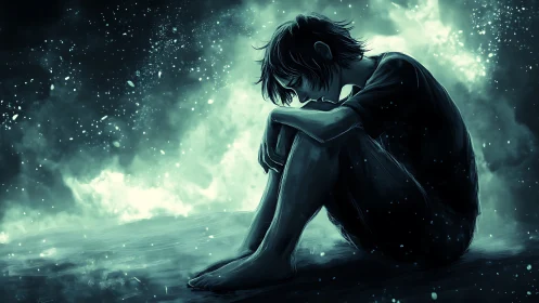 Soft starlit boy curls into quiet thoughts beneath night