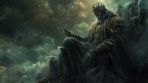 Brooding undead king resting on a misty mountain throne.