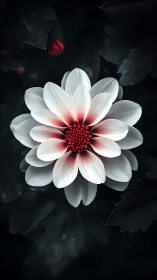 White petaled flower with crimson core gradient against dark atmospheric background