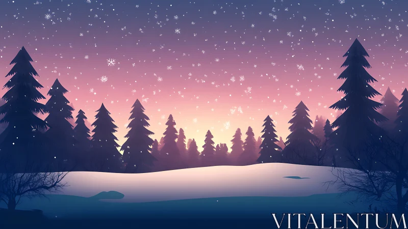 Digital winter forest landscape depicts snowfall at dusk