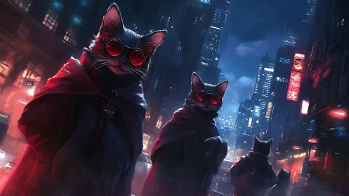 Cyberpunk Felines with Luminescent Ocular Augmentation in Neon Urban Metropolis.