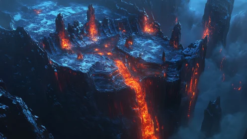 Volcanic plateau with central lava flow in misty chasm.