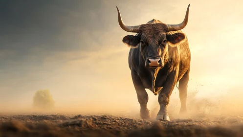Horned bull moving across dusty ground at sunrise light.