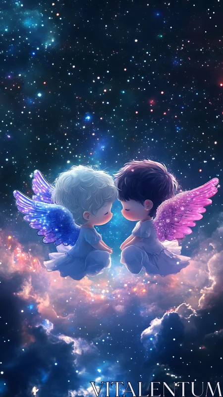 Starlit chibi angels share a gentle moment in glowing skies