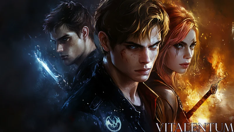 Trio of battle-scarred warriors divide fire and shadow in profile