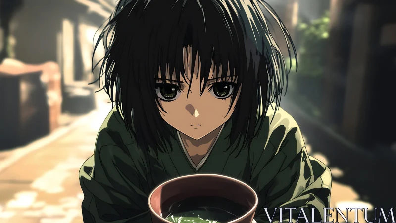 Anime portrait of solemn child with tea bowl, shallow depth focus.