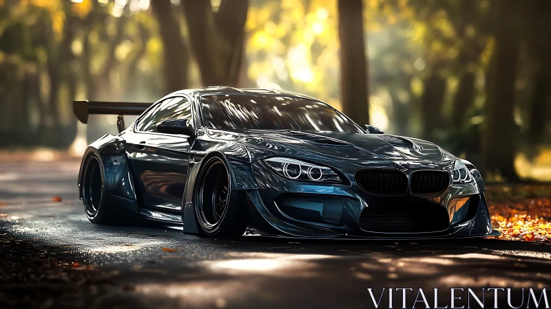 Midnight blue widebody sports car in sunlit forest lane.