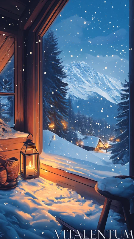 Lanternlit cabin window dreaming over snow-kissed mountains.
