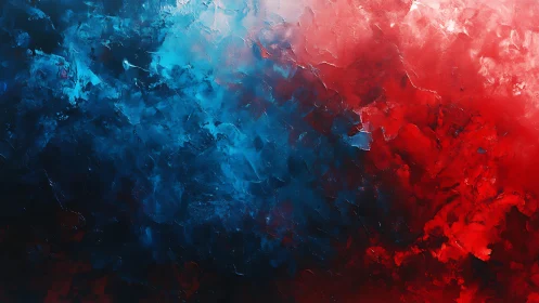 Abstract red and blue textured painting with bold brushstrokes.