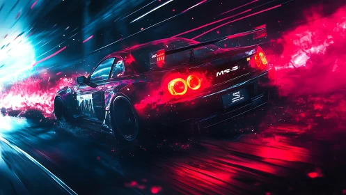 Sports coupe moves through neon-lit tunnel with light trails