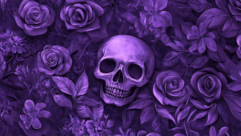 Human skull centered among monochrome violet floral elements