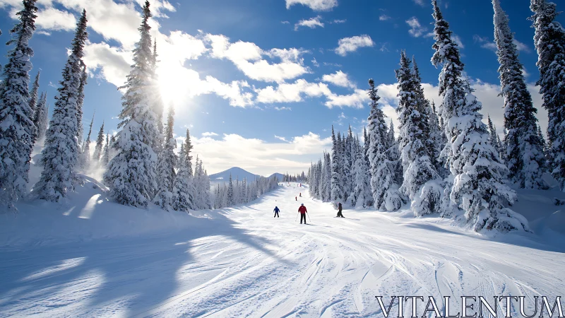 Skiers on wide snowy slope between tall pine trees in sun.