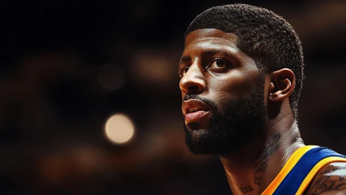 Close-up profile of basketball player on dim court.