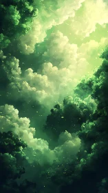 Luminous green clouds forming a glowing sky corridor.