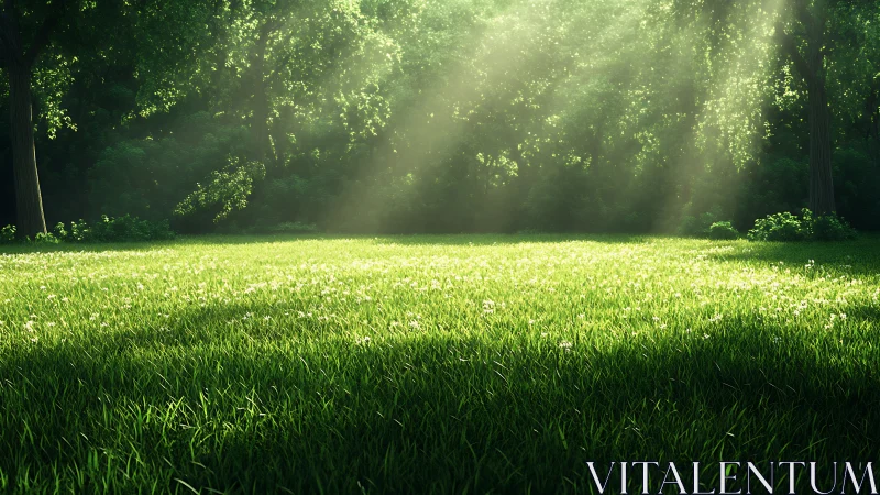 Sunlit grassy clearing bordered by dense leafy woodland.