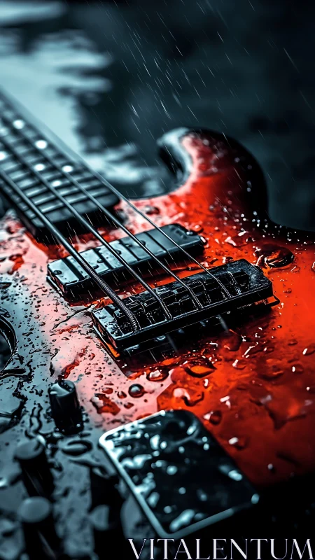 Electric bass guitar under rain with dramatic specular highlights.