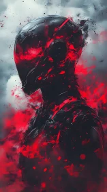 Futuristic armored figure glowing with bold scarlet energy.