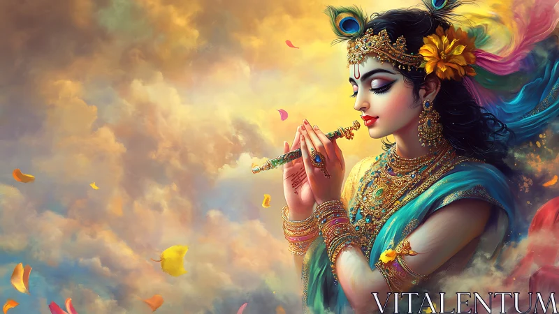 Ornate celestial musician amid chromatic cloud diffusion.