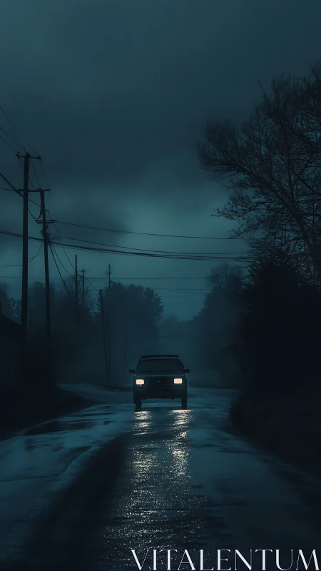 Car headlights on wet rural road under dark cloudy sky.