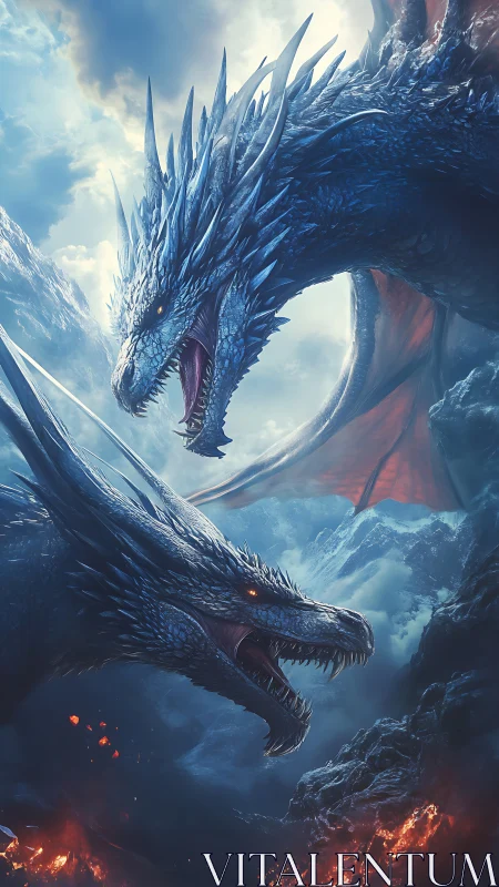 Bifurcated iceborn dragon duel above volcanic rift chasm