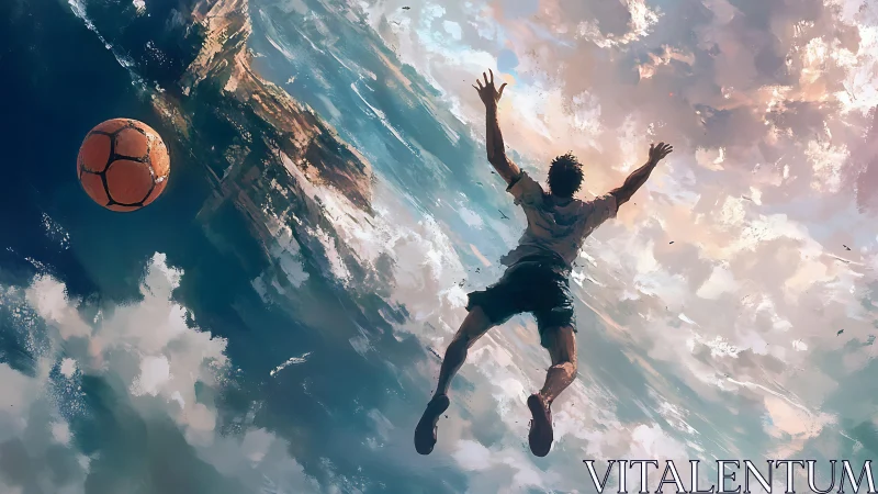 Young soccer player dives through swirling sky and sea