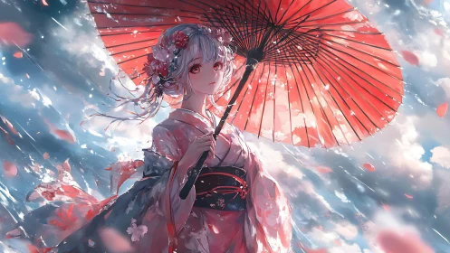 Kimono-clad anime girl with red wagasa in petal storm sky.
