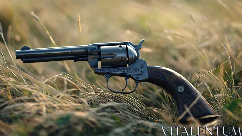 Single action revolver with engraved frame resting in dry grass
