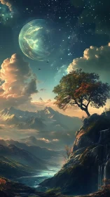 Celestial valley landscape renders surreal terrestrial panorama