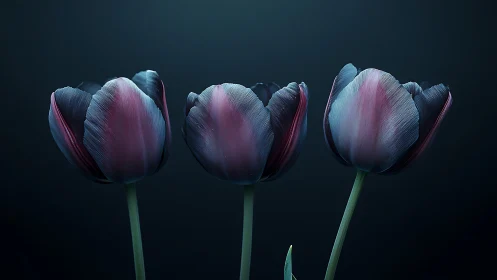 Three tulips with dark purple-blue petals against dark background.