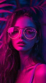 Neon portrait with reflective sunglasses and bold pink light.