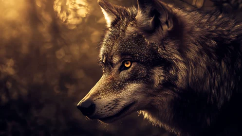 Golden-eyed wolf gazes through dusk-lit forest silence