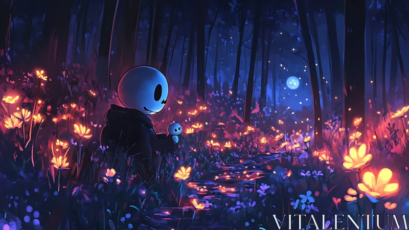 Moonlit forest stroll with a glowing little skeleton friend.