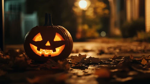 Lantern-grinned jack-o’-lantern guards a leaf-strewn sidewalk.