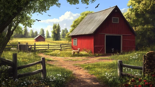 Sunny red barn welcomes a quiet morning on the farm