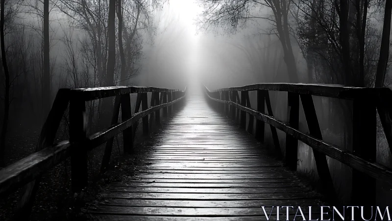 Wooden bridge extends into dense fog in monochrome light