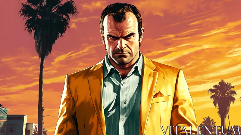 Man in yellow suit against stylized palm tree sunset sky.