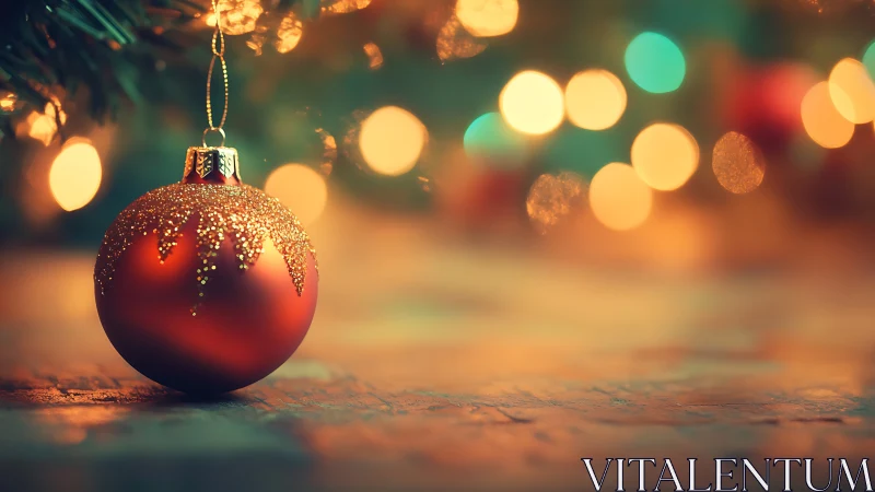 Red Christmas bauble hangs before blurred festive lights