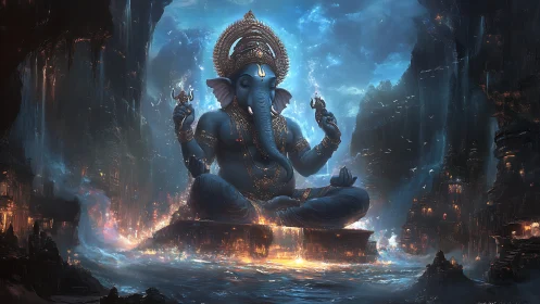 Colossal blue deity meditating above fiery ocean chasm.