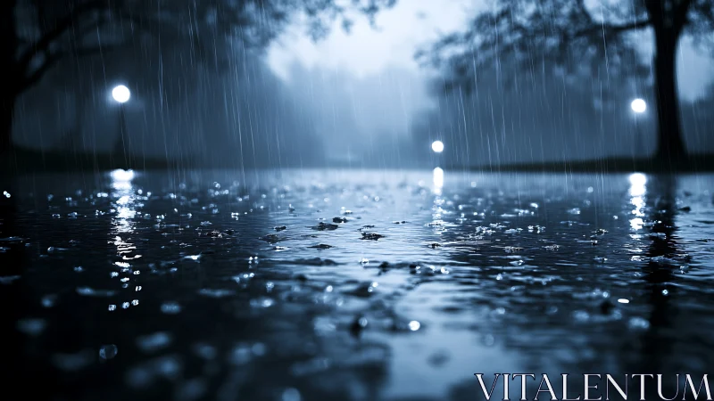 Rain-soaked pavement reflects glowing park lights at night.