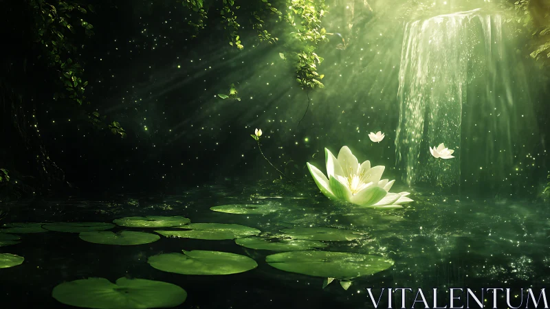 Enchanted pond with glowing lilies under soft waterfall light.